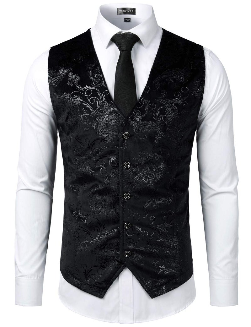 ZEROYAA Mens Hipster Black Paisley Single Breasted Suit Dress Vest/Tuxedo Waistcoat Z49 Black Large - Image 1